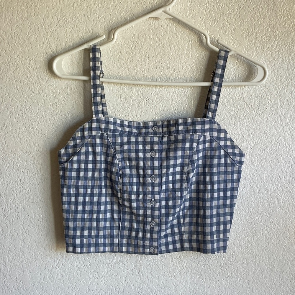 J. Galt Blue White Gingham Button Front Crop Top Smocked Back Camisole Womens OS